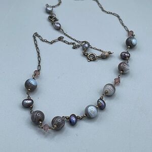 Sterling silver fresh water pearls ,agate & pink hand cut crystals necklace 18”.